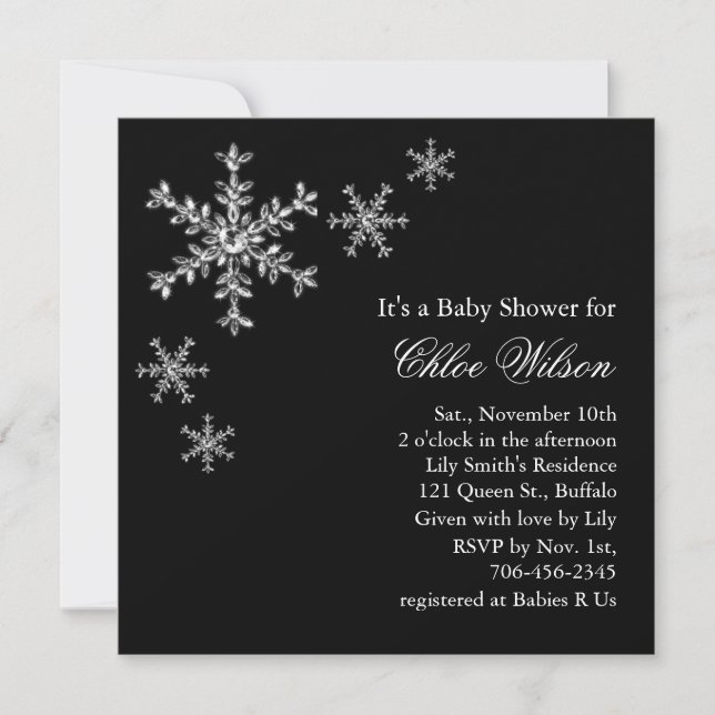 Winter Glamour Baby Shower Invitation on Black (Front)