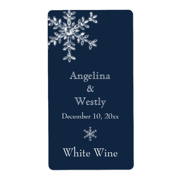 Winter Glamour Wedding Wine Label (blue) (Front)