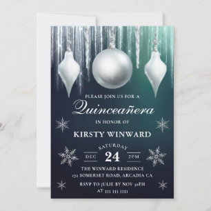 Winter Glass Baubles & Snowflakes Quinceanera Invitation