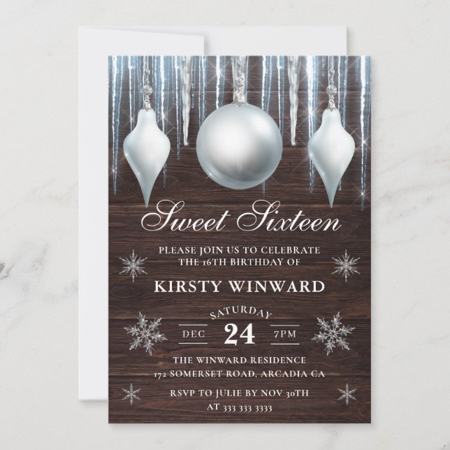 Winter Glass Baubles & Snowflakes Sweet Sixteen Invitation (Front)