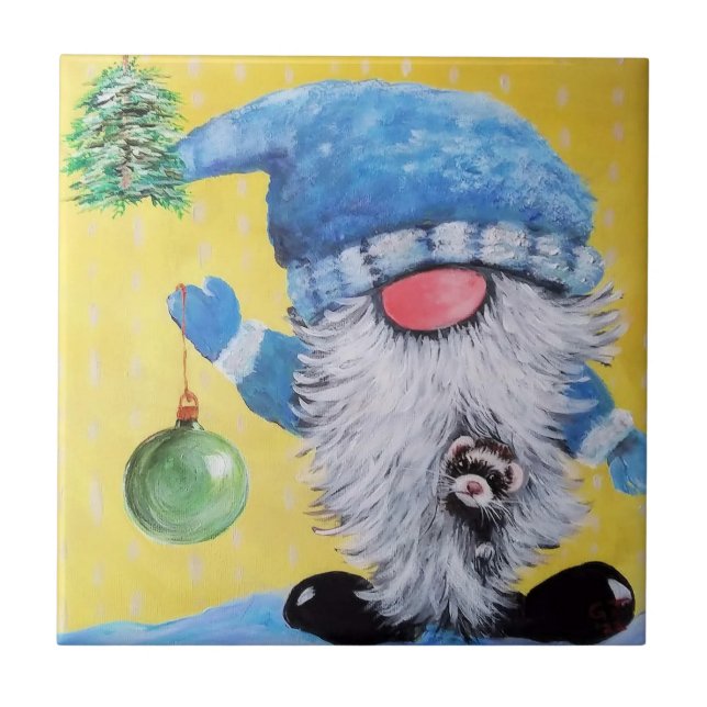 Winter Gnome and Peeking ferret Decorative Tiles (Front)