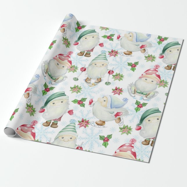 Winter Gnome Christmas Pattern Wrapping Paper (Unrolled)