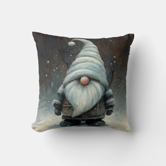 Winter Gnome in a Snowy Forest Cushion (Front)