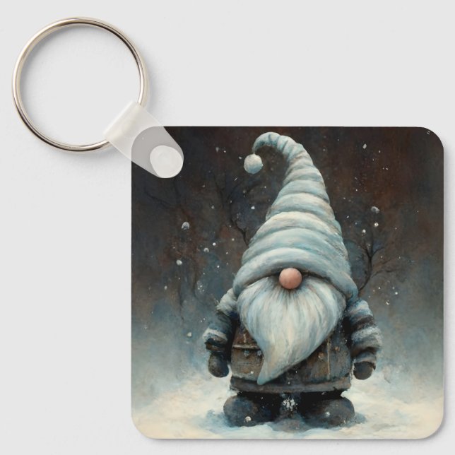 Winter Gnome in a Snowy Forest Key Ring (Front)