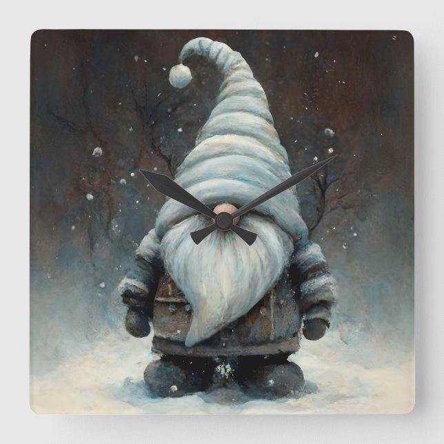 Winter Gnome in a Snowy Forest Square Wall Clock (Front)