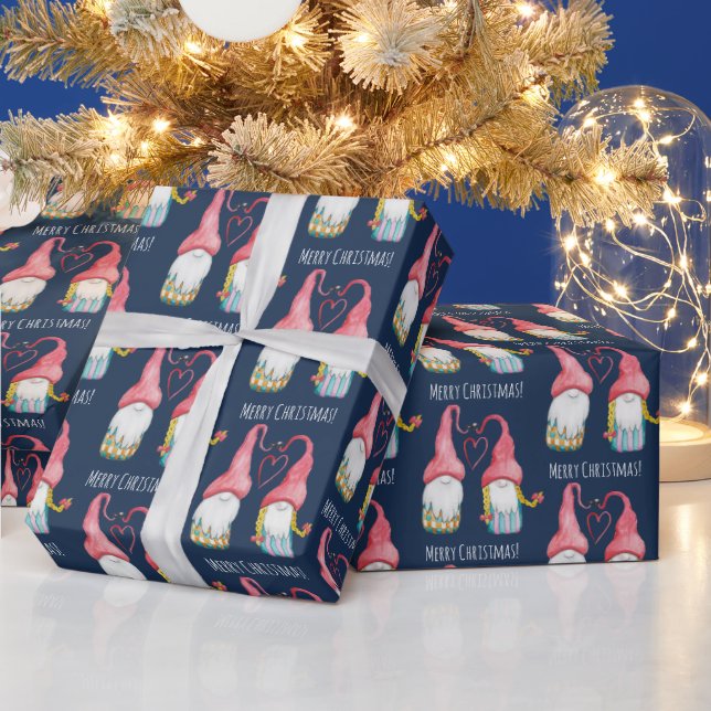 Winter Gnome In Love Watercolor Hand-painted Wrapping Paper (Holidays)