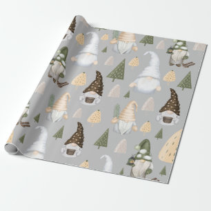 Winter Gnomes Trees Grey Wrapping Paper