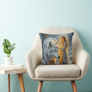 Winter Goddess & White Wolf Cushion