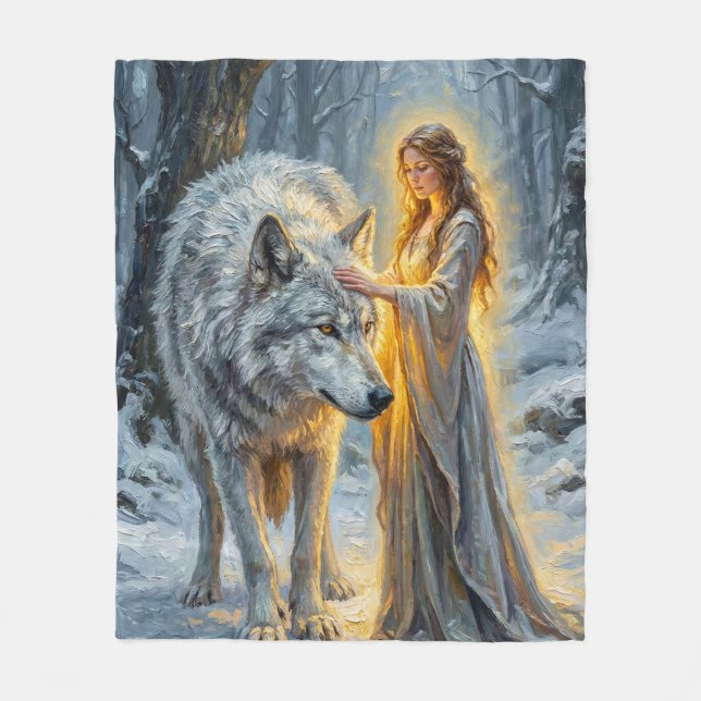 Winter Goddess & White Wolf Fleece Blanket (Front)