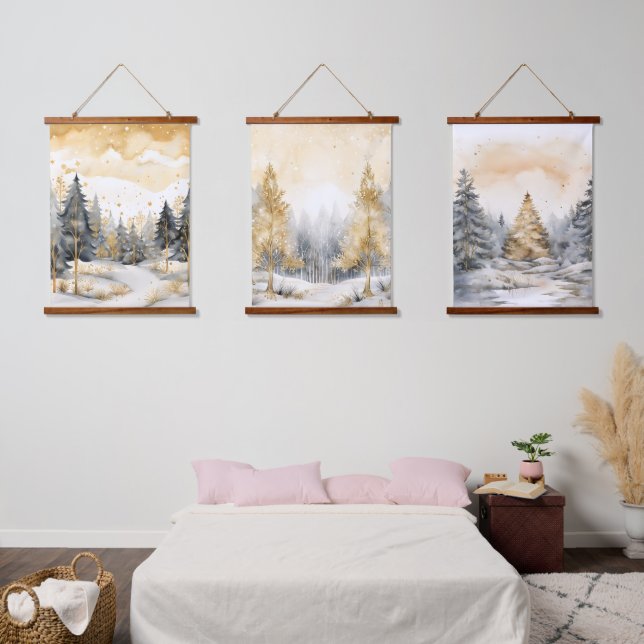 Winter Gold and Grey Forest Trees Snow Sparkle Hanging Tapestry (Bedroom)