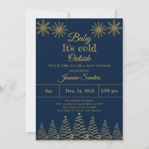 Winter Gold and Navy Snowflake Baby Shower Invitation