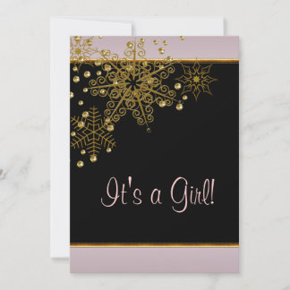 Winter Gold Black Pink Snowflakes Baby Girl Shower Invitation
