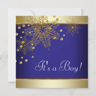 Winter Gold Blue Snowflakes Baby Boy Shower Invitation