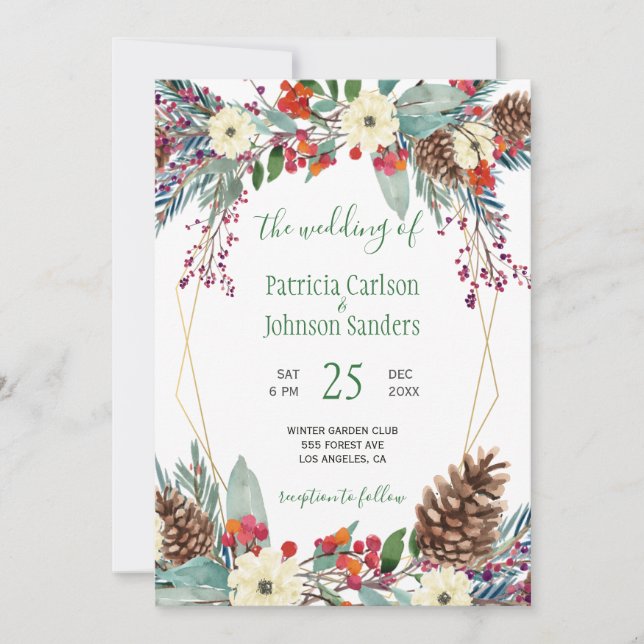 Winter gold frame floral wreath Christmas wedding Invitation (Front)
