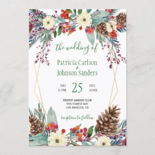 Winter gold frame floral wreath Christmas wedding Invitation