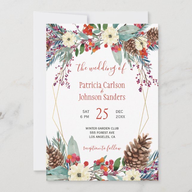 Winter gold frame floral wreath Christmas wedding Invitation (Front)
