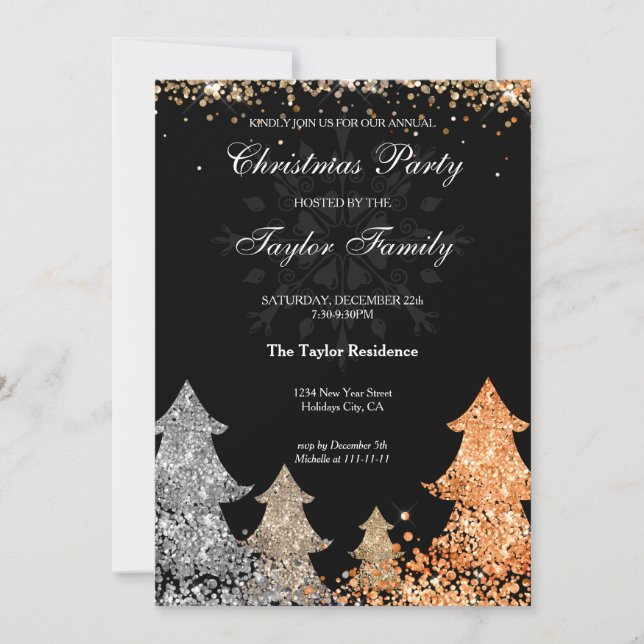 Winter Gold Glitter Christmas Tree Party Invitatio Invitation (Front)