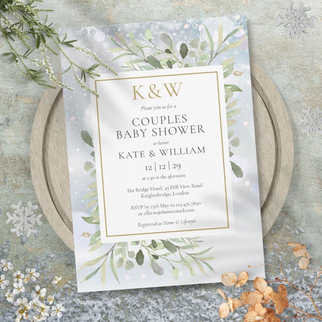 Winter Gold Monogram Greenery Couples Baby Shower Invitation (Winter Gold Monogram Greenery Couples Baby Shower Invitation)