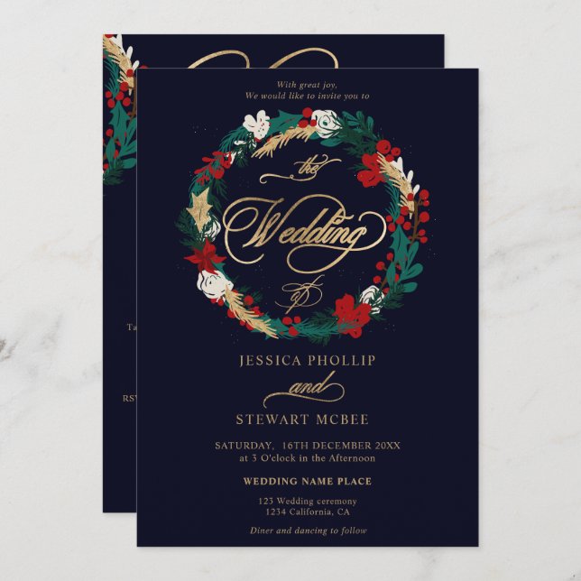 Winter gold navy all in one calligraphy wedding invitation (Front/Back)