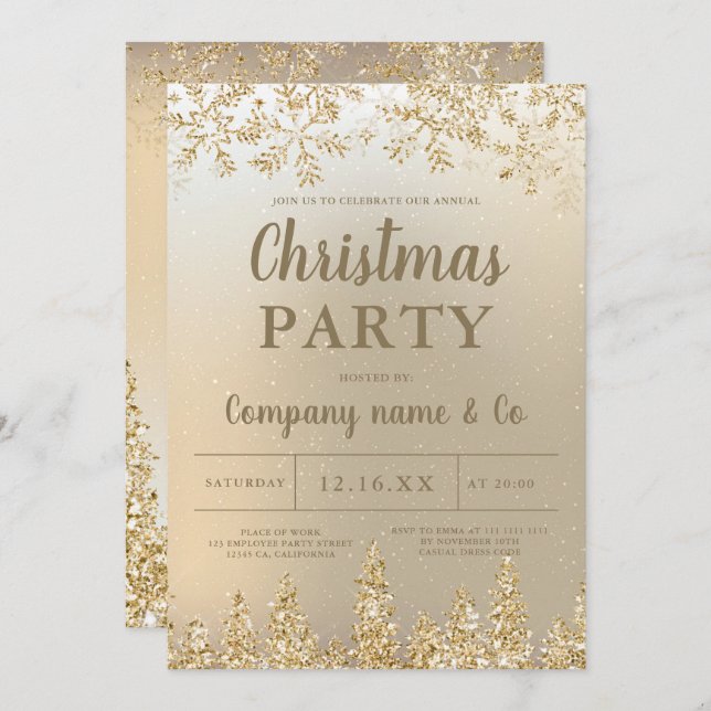 Winter gold snow pine metallic corporate Christmas Invitation (Front/Back)