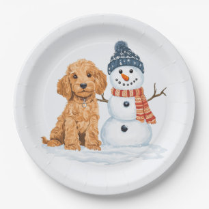 Winter Goldendoodle Dog Cute Snowman Paper Plate