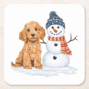 Winter Goldendoodle Dog Cute Snowman Square Paper Coaster