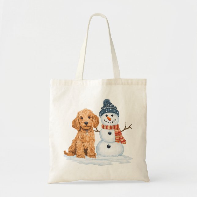 Winter Goldendoodle Dog Cute Snowman Tote Bag (Front)