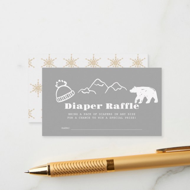 Winter Gray Hand-Drawn Baby Diaper Raffle Ticket Enclosure Card (Front/Back In Situ)
