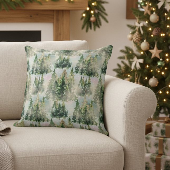 Winter Green And Gold Pine Tree Wonderland Pattern Cushion (Creator Uploaded)