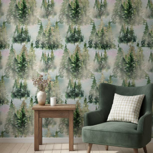 Winter Green And Gold Pine Tree Wonderland Pattern Wallpaper
