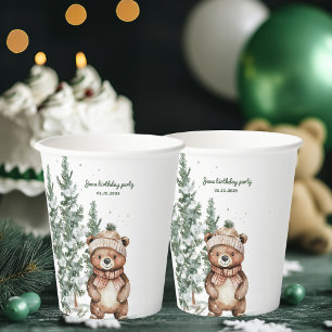 Winter Green Bear Birthday Party Woodland  Paper Cups