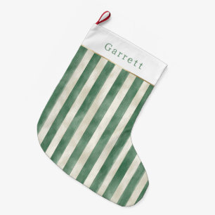 Winter Green Cream Stripes Christmas Large Christmas Stocking
