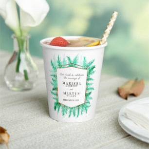 Winter green evergreen foliage watercolor wedding paper cups