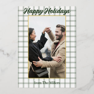Winter Green Holiday Plaid Framed Foil Greeting