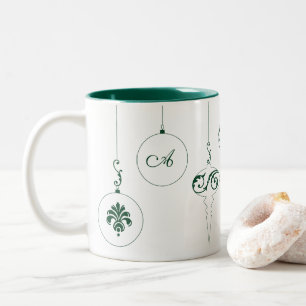 Winter Green Monogram Bauble Ornaments Two-Tone Coffee Mug