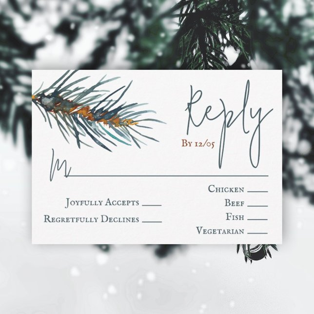 Winter Green Pine Needles Wedding RSVP Card (rustic brown hunter green pine needles watercolor reply wedding rsvp enclosure card forest green)