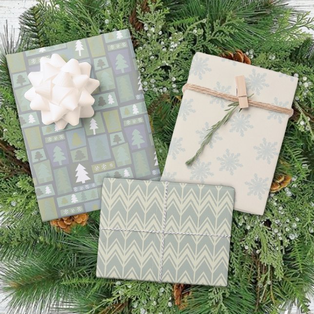 Winter Green Trees Snowflakes Pastel Modern Wrapping Paper Sheet (Creator Uploaded)