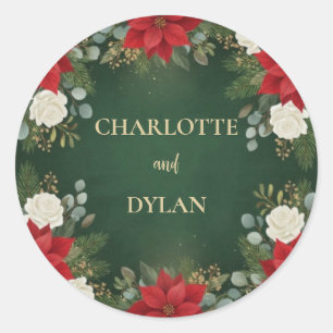 Winter Green Velvet Christmas Floral Wedding Classic Round Sticker