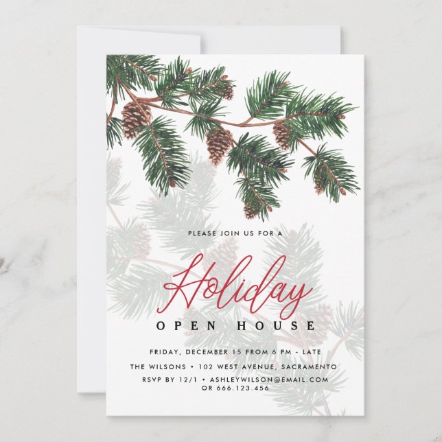Winter Greenery And Cones | Holiday Open House Invitation (Front)