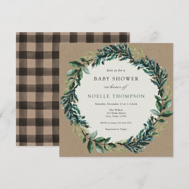 Winter Greenery and Plaid Baby Shower Invitation (Front/Back)
