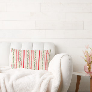 Winter Greenery and Red Striped Pattern Lumbar Cushion