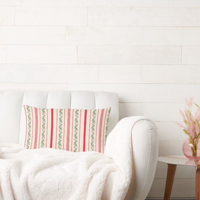 Winter Greenery and Red Striped Pattern Lumbar Cushion (Couch)