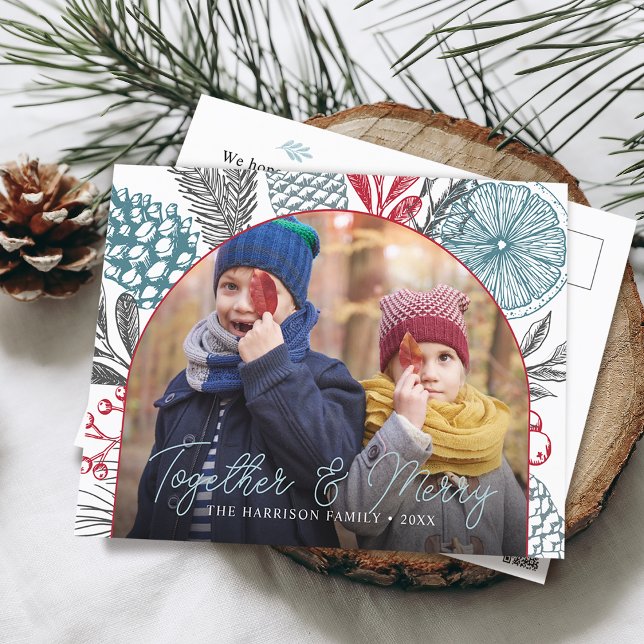 Winter Greenery Arch Frame Photo Holiday Postcard (Holiday postcard of winter greenery arch frame with your favorite Photo )
