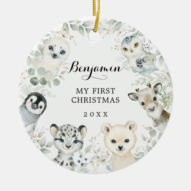 Winter Greenery Arctic Animals Baby 1st Christmas Ceramic Tree Decoration (Front)