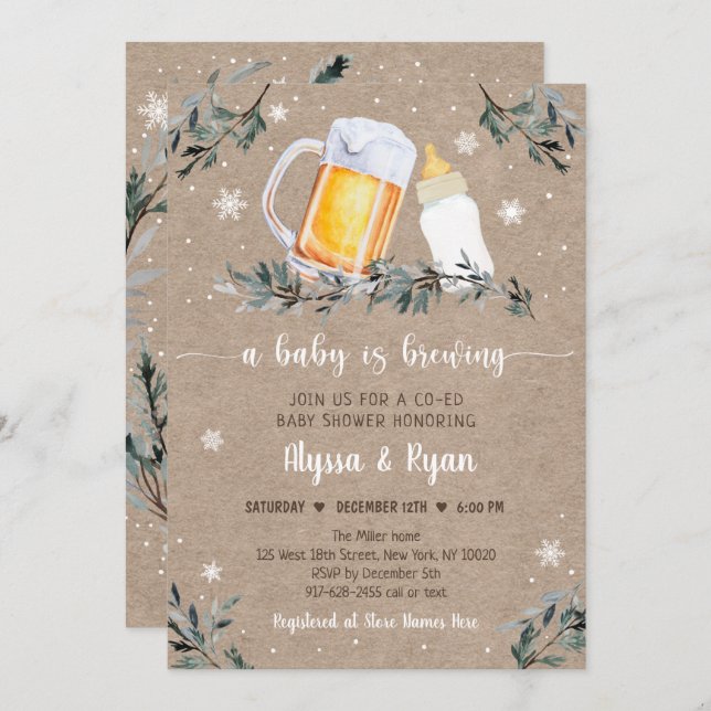 Winter Greenery Baby Is Brewing Baby Shower Invitation (Front/Back)