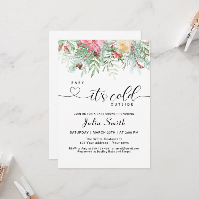 Winter Greenery Baby it's Cold Outside Invitation (Front/Back In Situ)