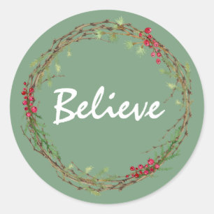Winter Greenery Berries Wreath Christmas Believe Classic Round Sticker