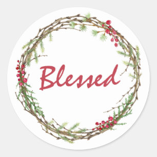 Winter Greenery Berries Wreath Christmas Blessed Classic Round Sticker