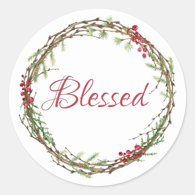 Winter Greenery Berries Wreath Christmas Blessed Classic Round Sticker (Front)