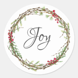 Winter Greenery Berries Wreath Christmas Joy Classic Round Sticker